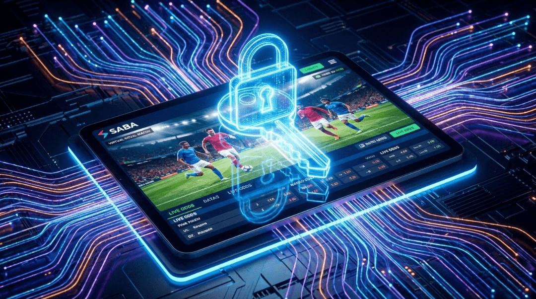 Tablet menampilkan game virtual Saba dengan ikon kunci digital yang melambangkan link alternatif aman.