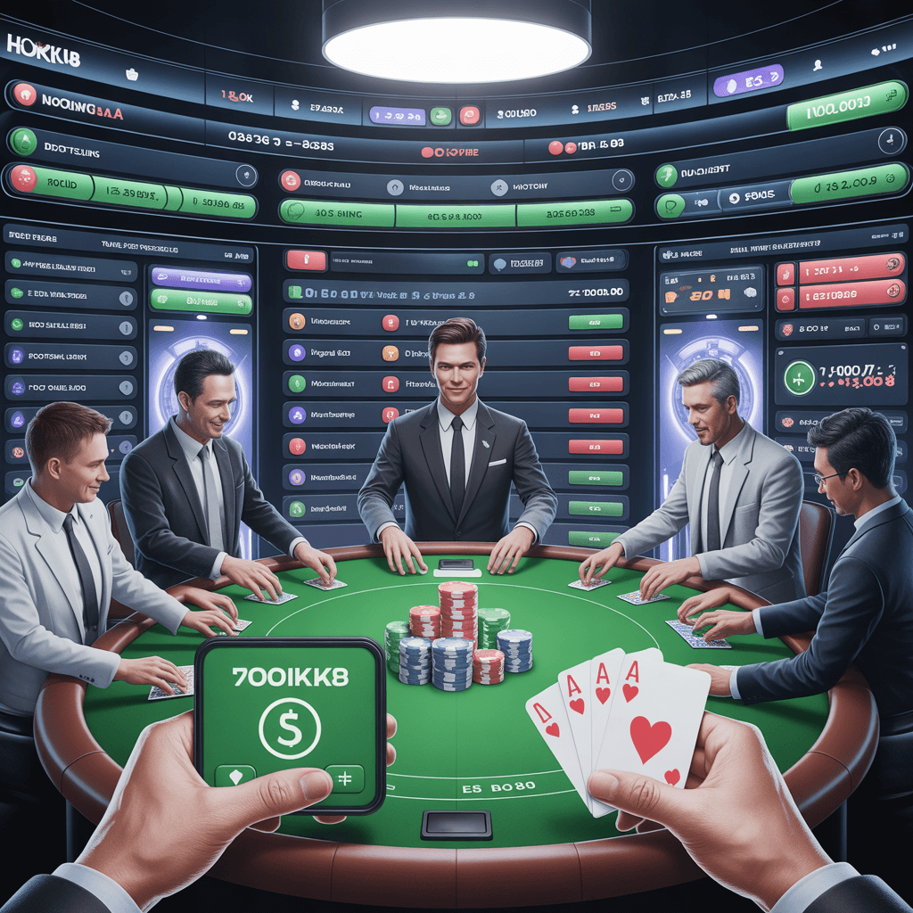 Transaksi aman di Hokiku88 untuk game online, menampilkan kartu, chip, dompet digital, dan pemain bermain dengan interface HD yang aman