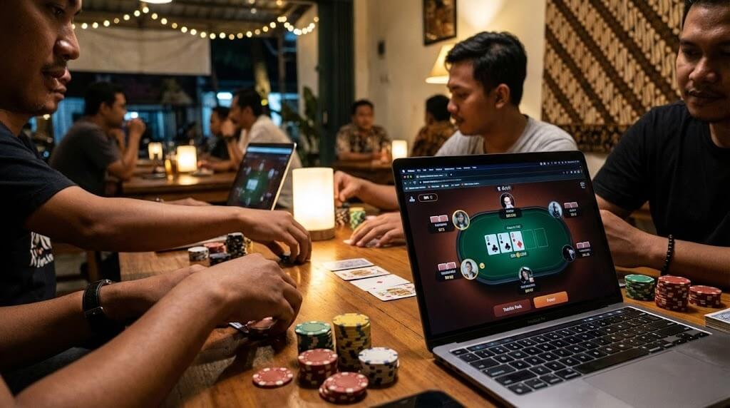 Meja poker online modern dengan chip dan kartu di Indonesia