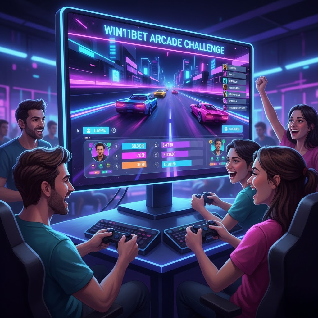 Pemain arcade online bermain multiplayer di Win11bet, saling bersaing dalam game seru, UI modern, ekspresi antusias